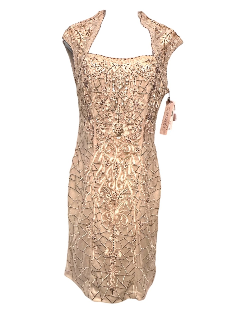 Sue Wong Embroidered Beaded Cap Sleeve Dress NWT 4